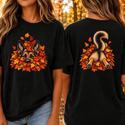 German Shepherd Leaf Pile T-Shirt - Front & Back Print