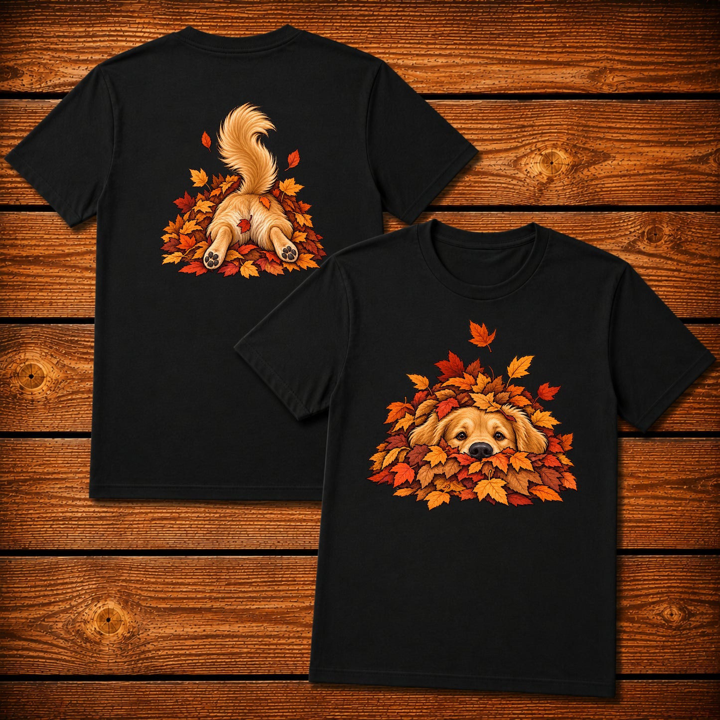 Golden Retriever Leaf Pile T-Shirt - Front & Back Print