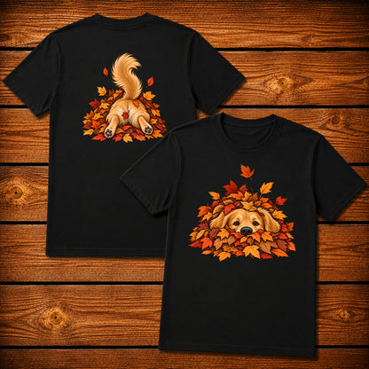 Golden Retriever Leaf Pile T-Shirt - Front & Back Print
