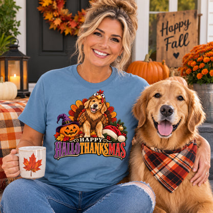 Happy Hallothanksmas Golden Retriever Turkey T-Shirt