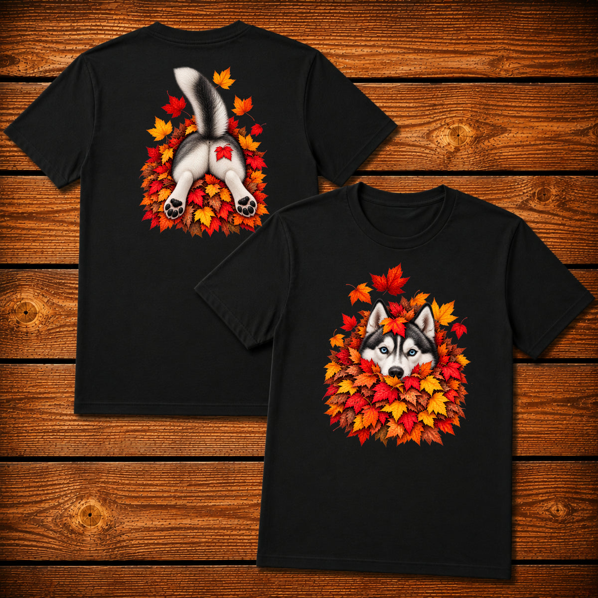 Husky Leaf Pile T-Shirt - Front & Back Print