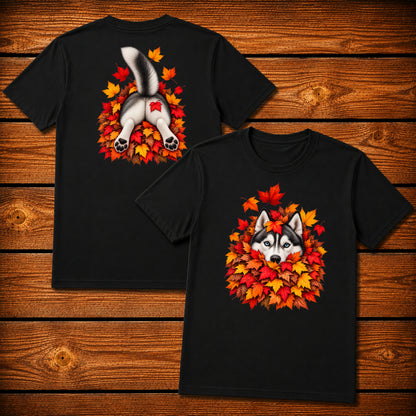 Husky Leaf Pile T-Shirt - Front & Back Print