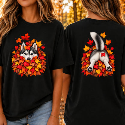 Husky Leaf Pile T-Shirt - Front & Back Print
