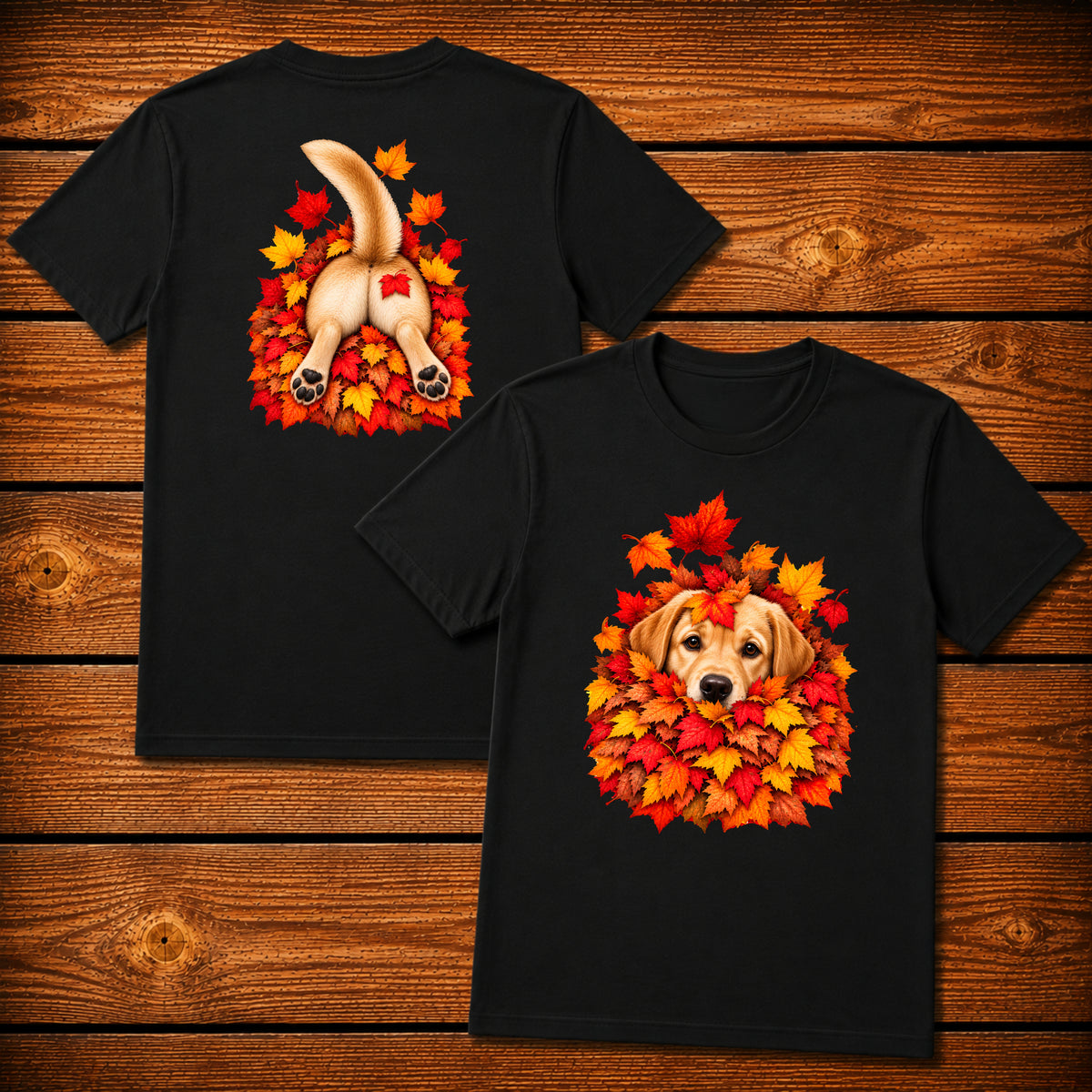 Yellow Labrador Retriever Leaf Pile T-Shirt - Front & Back Print