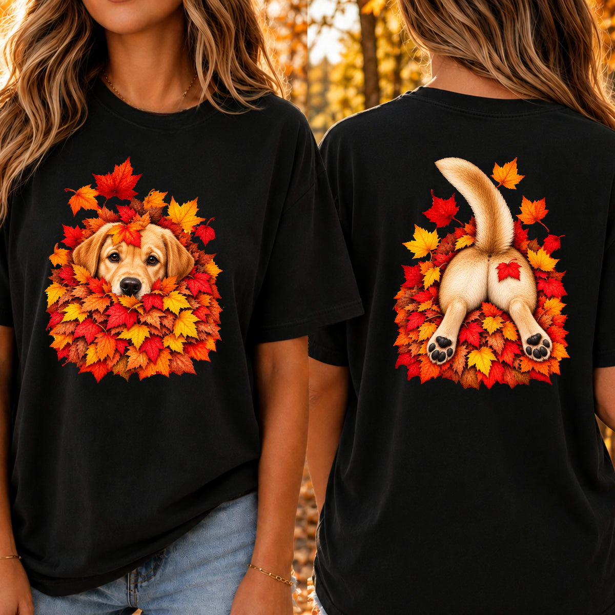 Yellow Labrador Retriever Leaf Pile T-Shirt - Front & Back Print