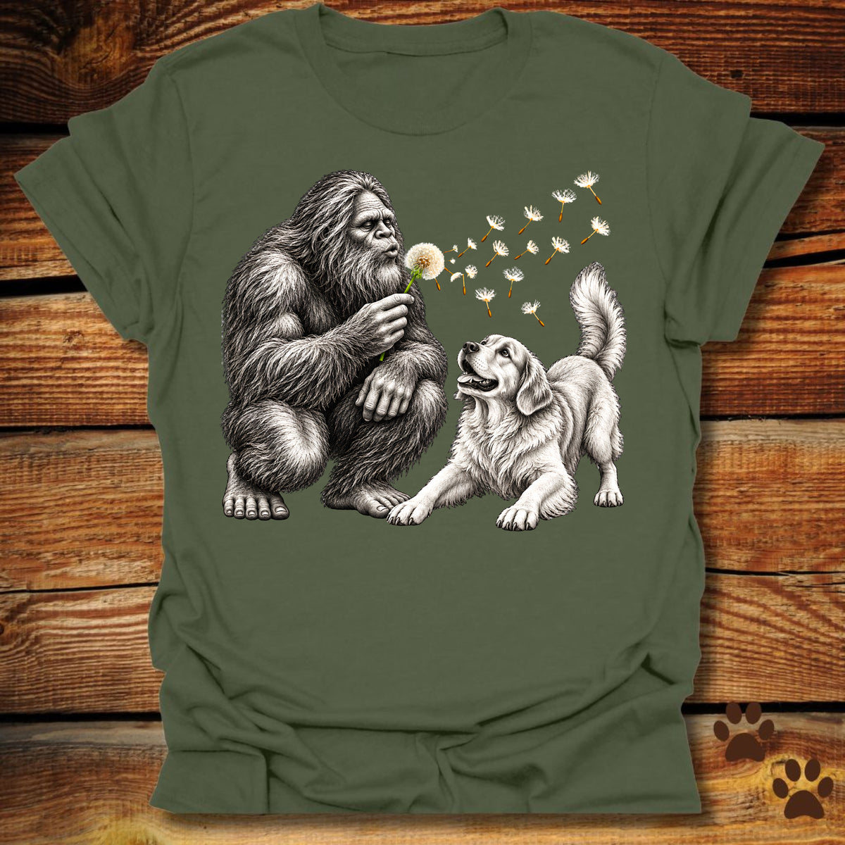 Bigfoot and Golden Retriever Dandelion T-Shirt