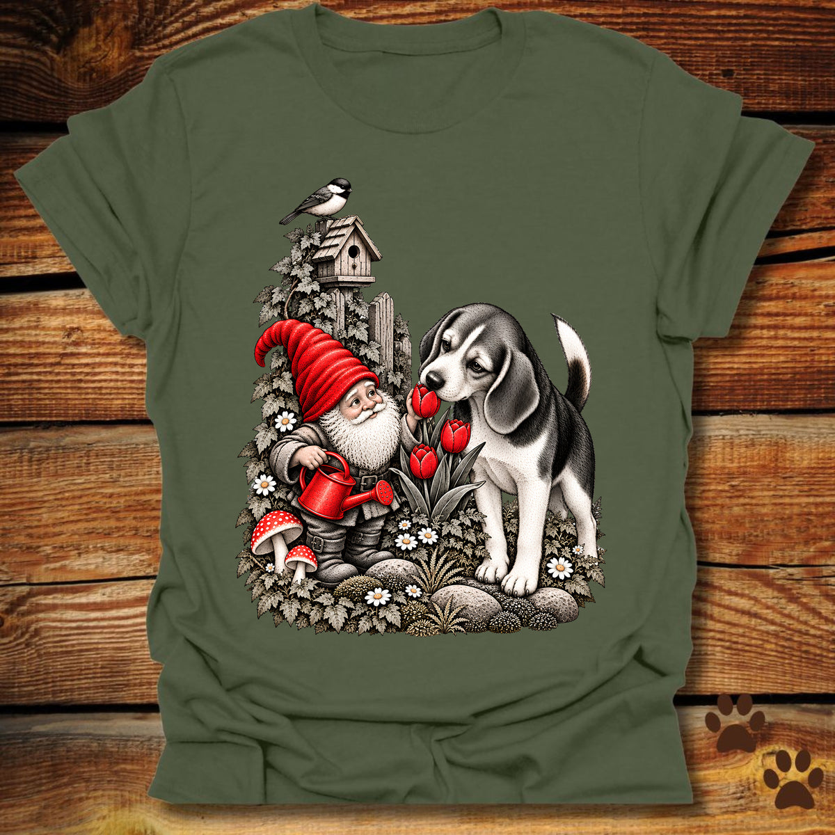 Garden Gnome Beagle Smelling Flowers T-Shirt