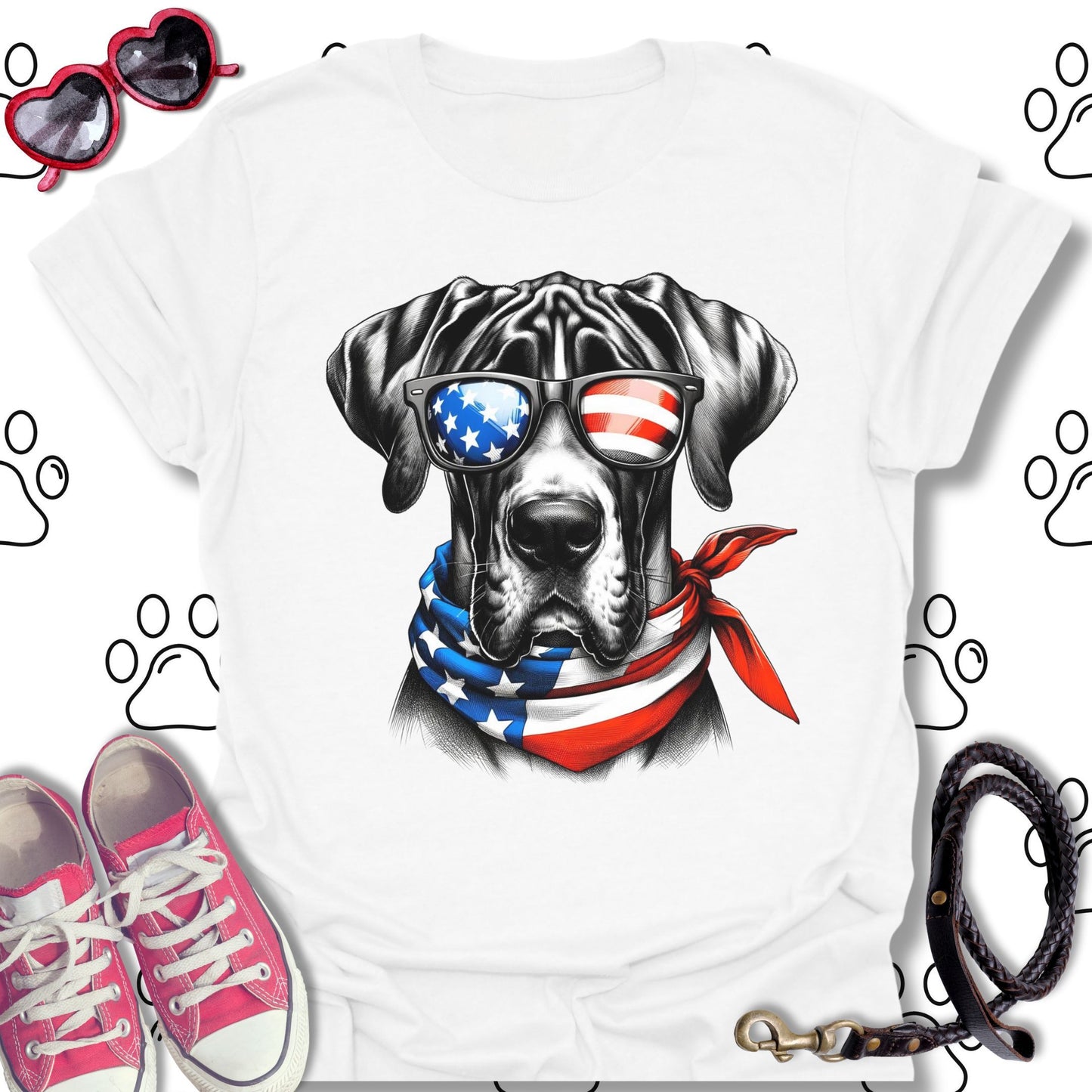 Great Dane American Flag Sunglasses T-Shirt