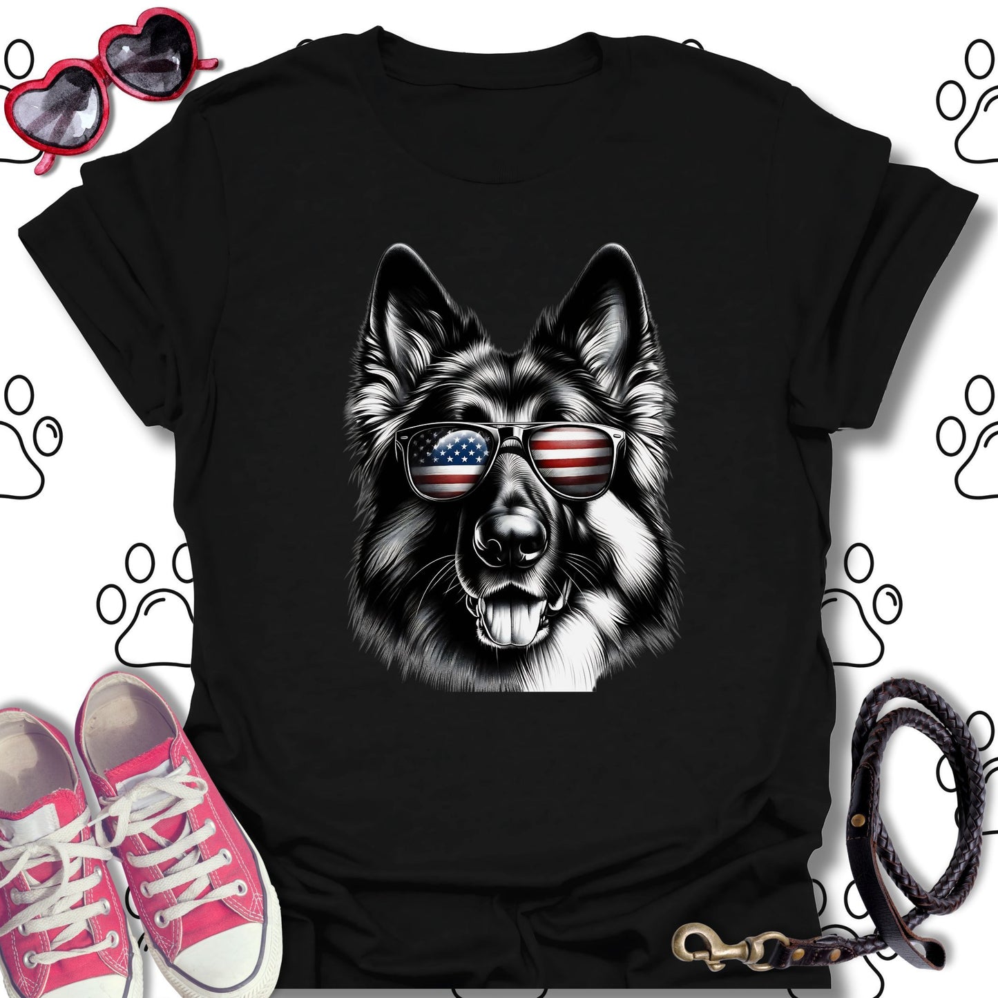 German Shepherd American Flag Sunglasses T-Shirt