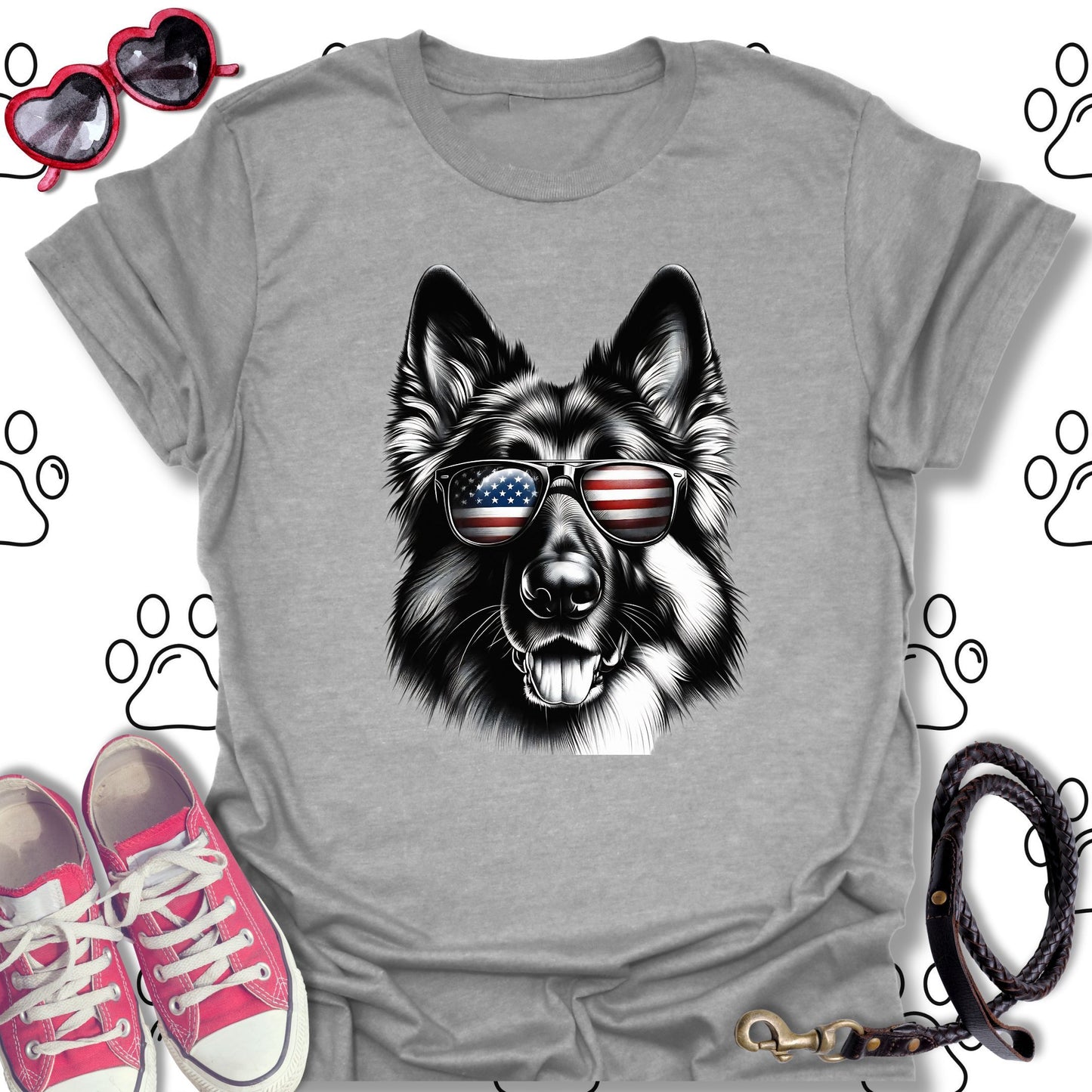 German Shepherd American Flag Sunglasses T-Shirt