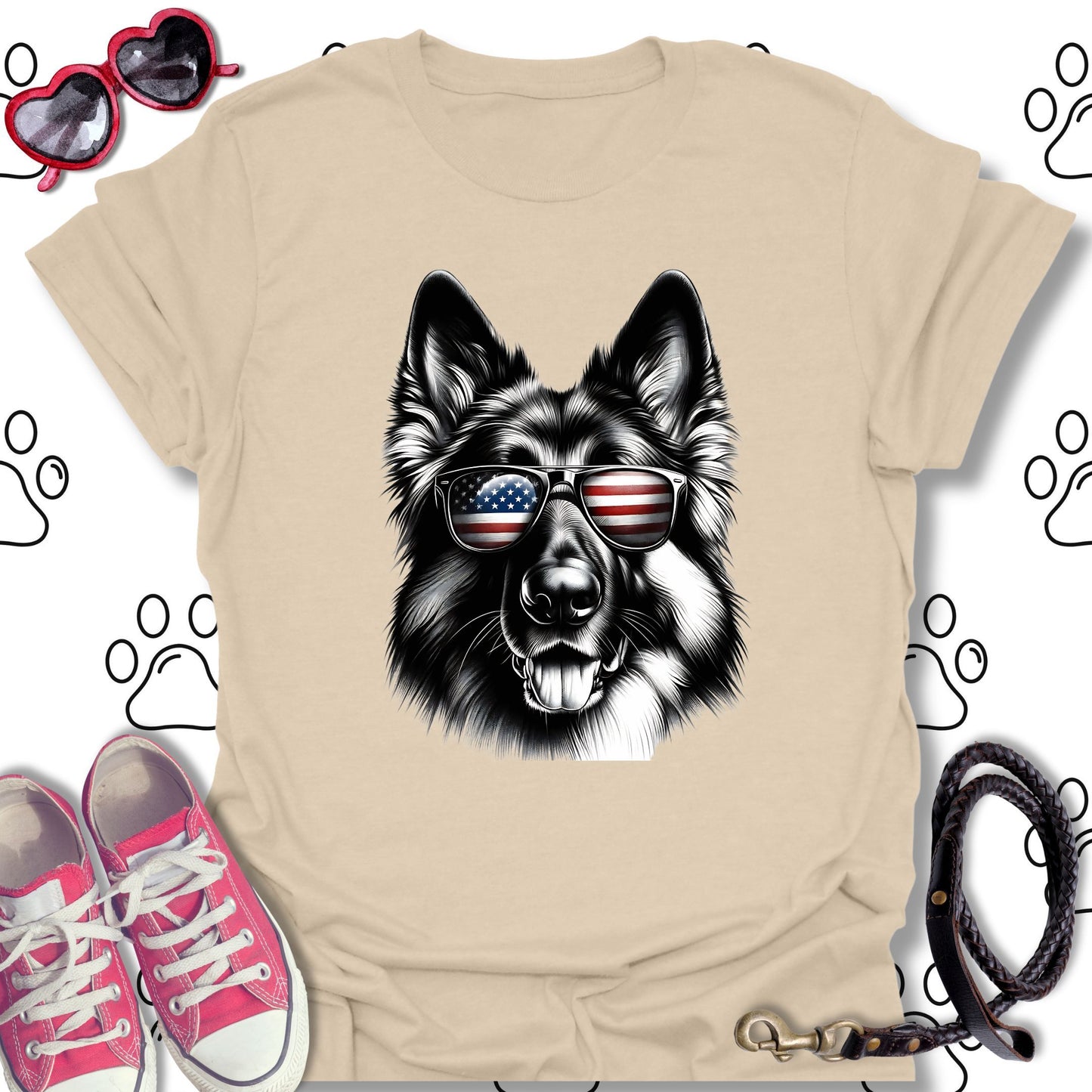 German Shepherd American Flag Sunglasses T-Shirt