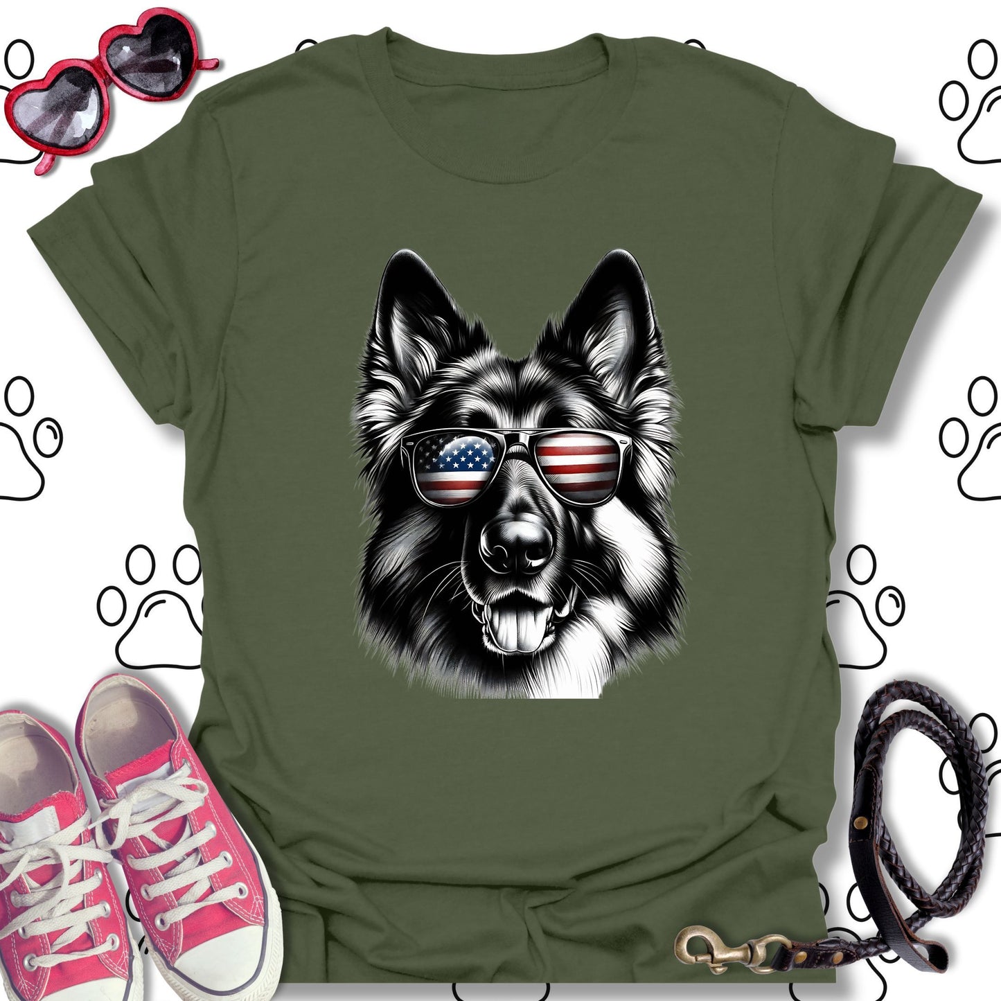 German Shepherd American Flag Sunglasses T-Shirt