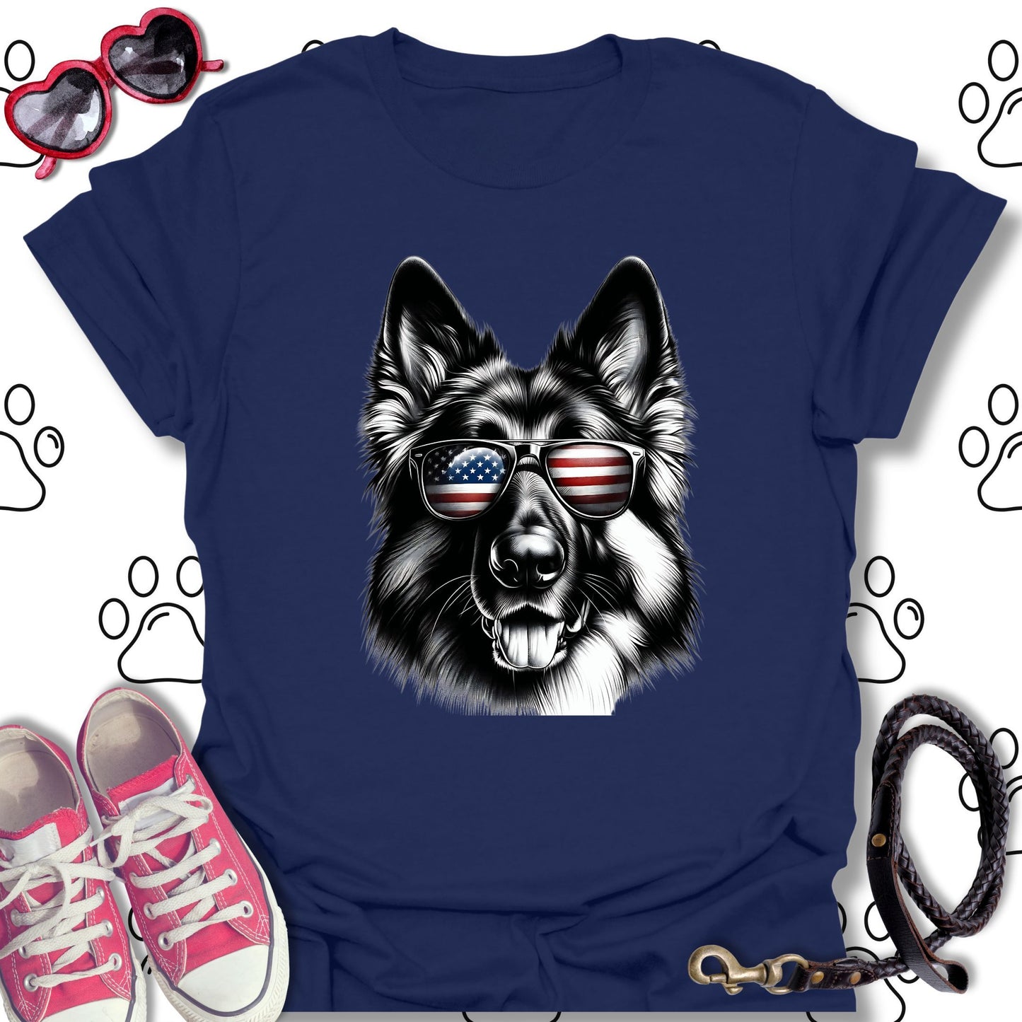 German Shepherd American Flag Sunglasses T-Shirt