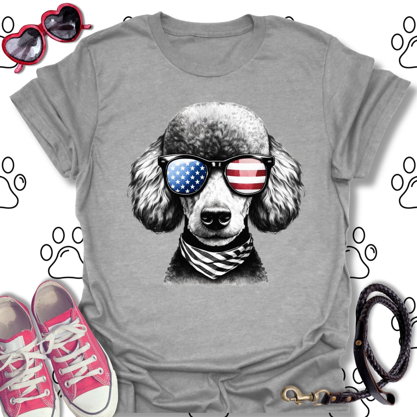 Poodle American Flag Sunglasses T-Shirt