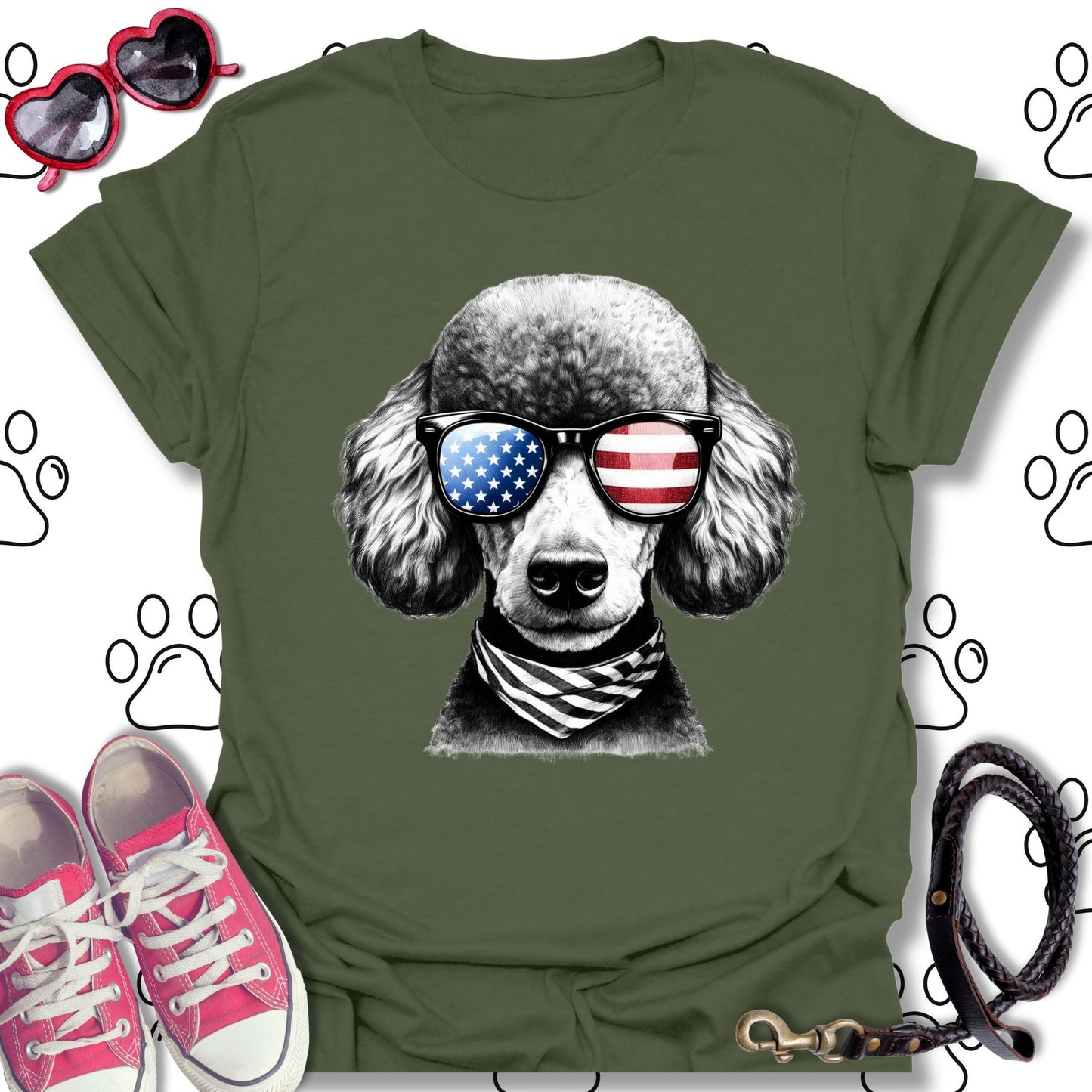 Poodle American Flag Sunglasses T-Shirt
