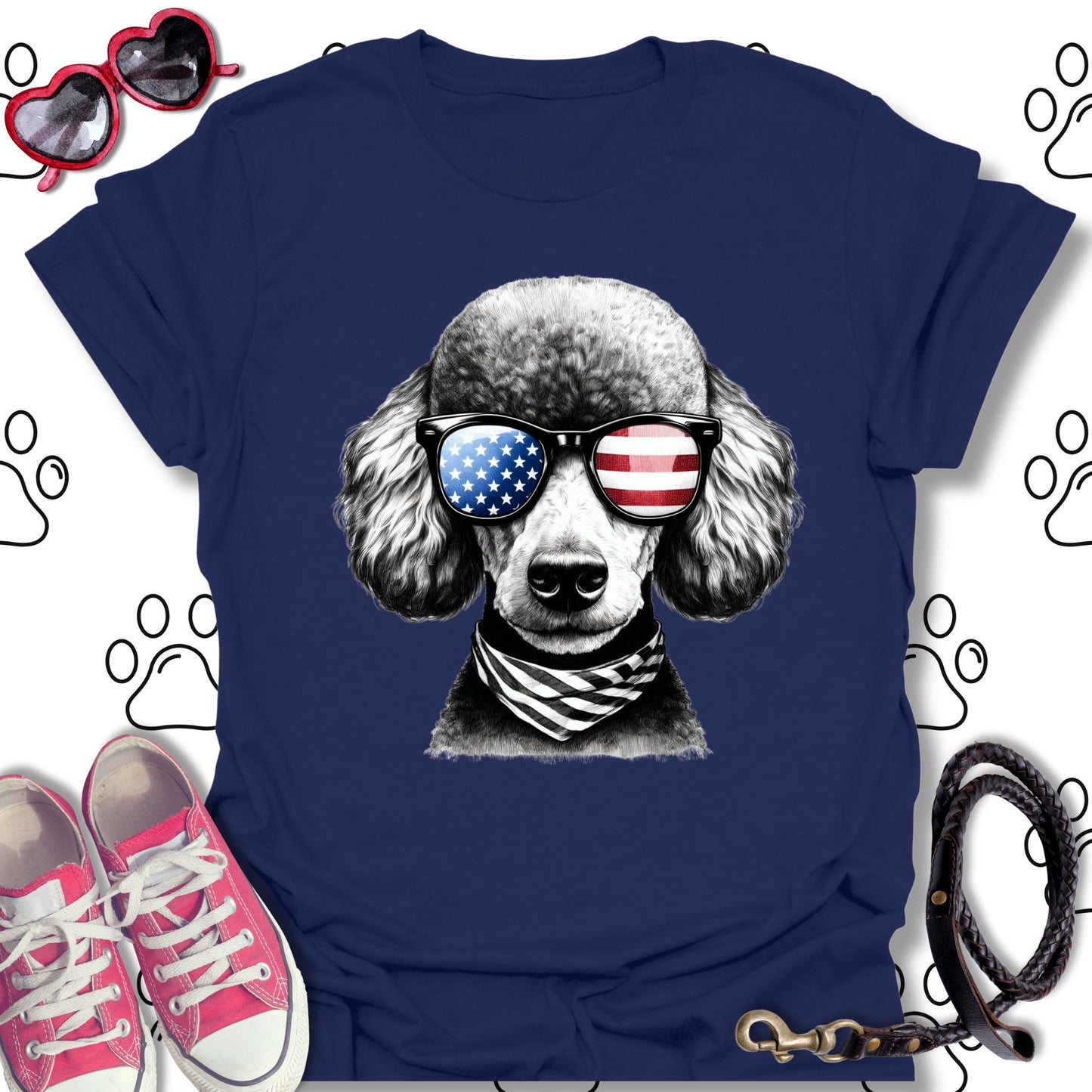 Poodle American Flag Sunglasses T-Shirt