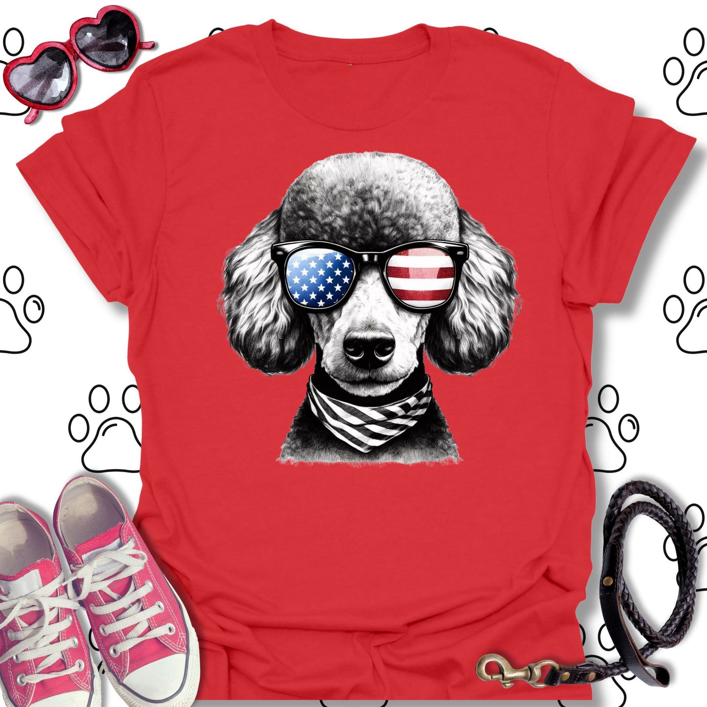 Poodle American Flag Sunglasses T-Shirt