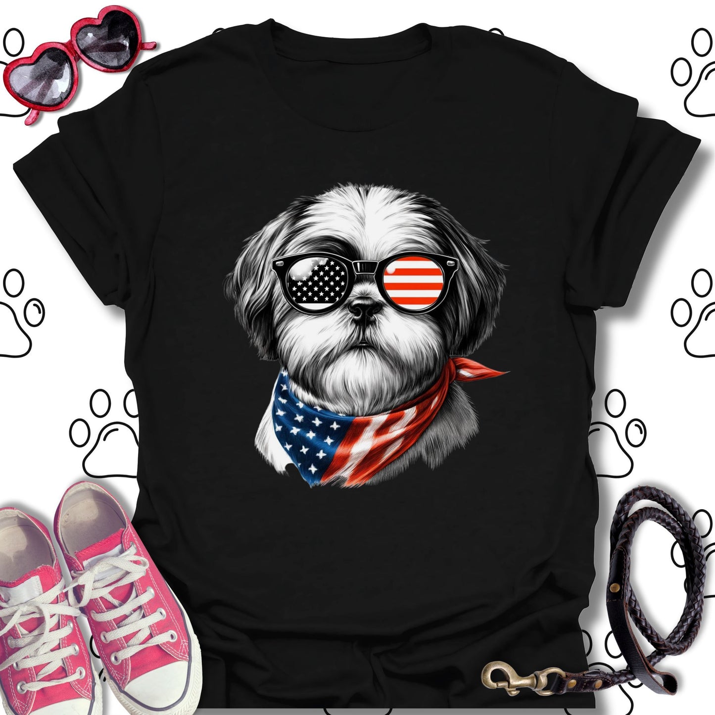 Shih Tzu American Flag Sunglasses T-Shirt
