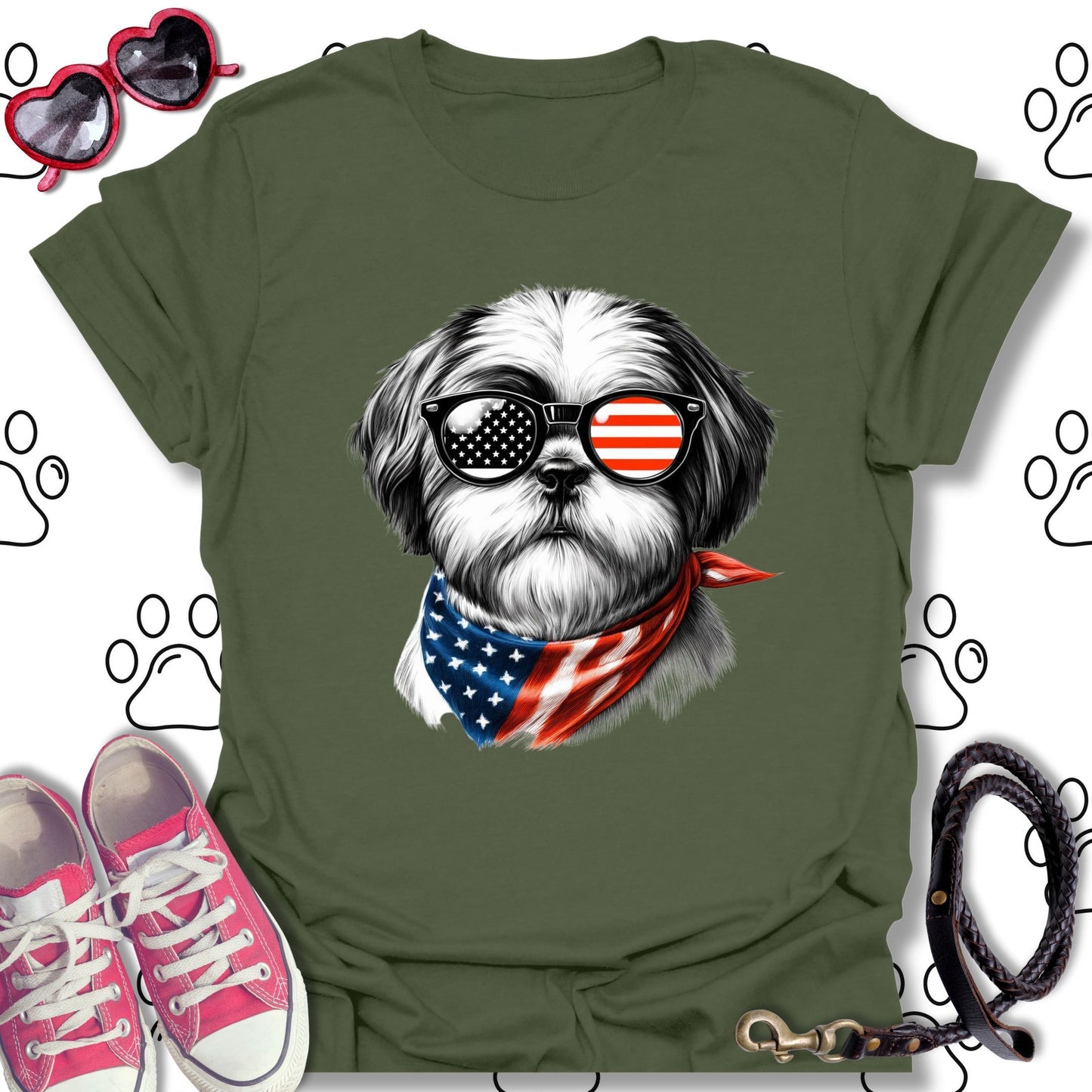 Shih Tzu American Flag Sunglasses T-Shirt