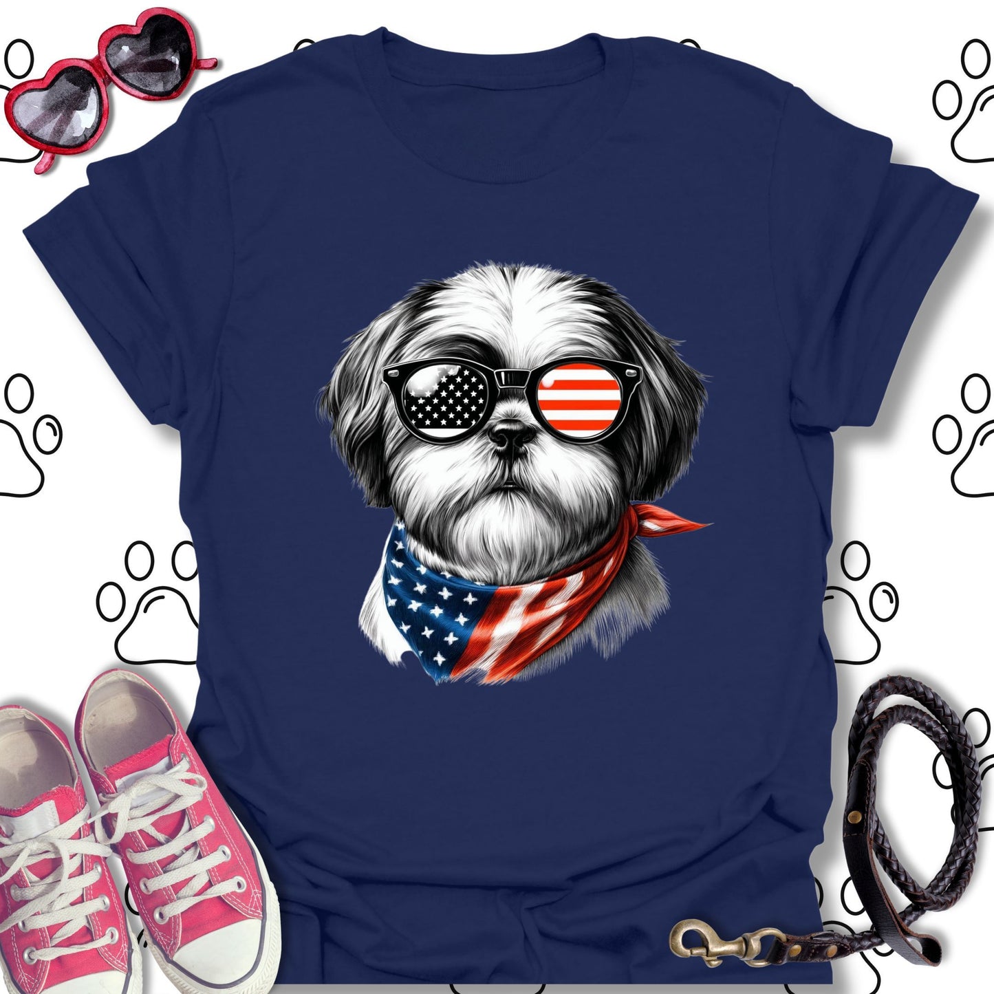 Shih Tzu American Flag Sunglasses T-Shirt