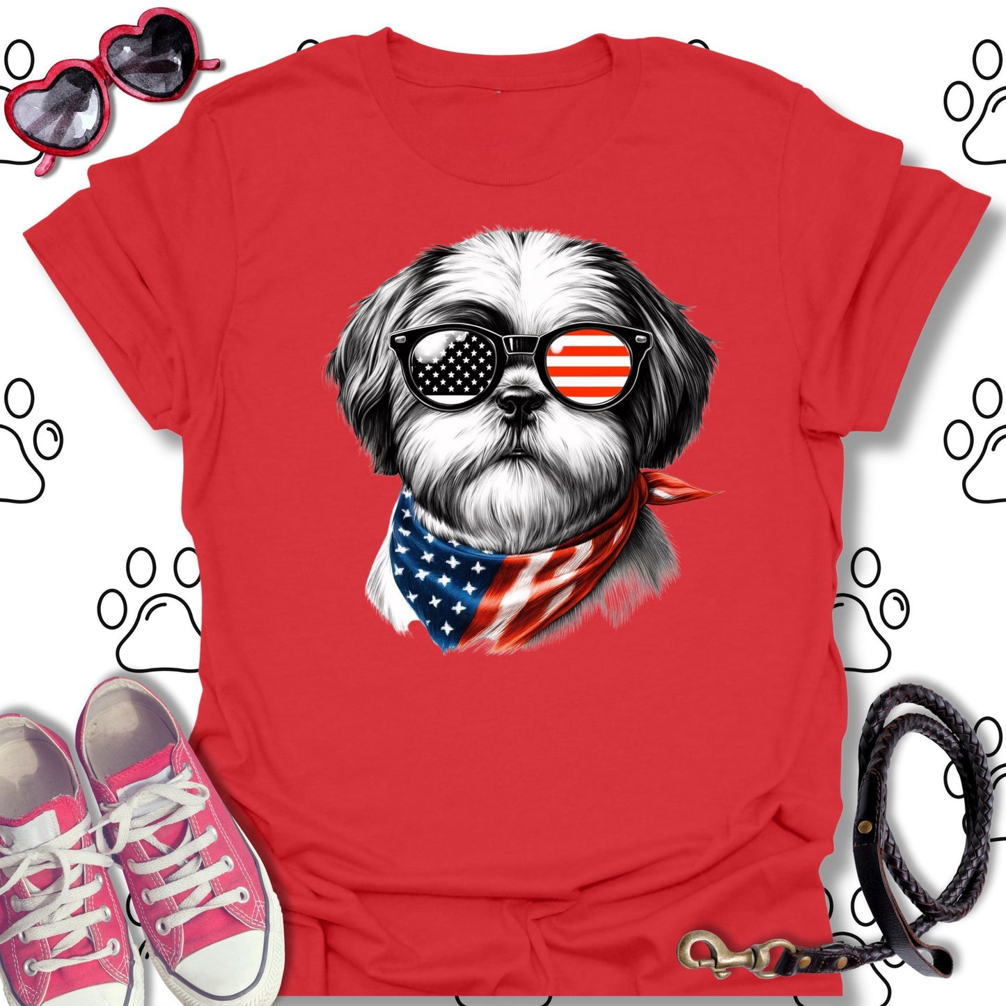 Shih Tzu American Flag Sunglasses T-Shirt