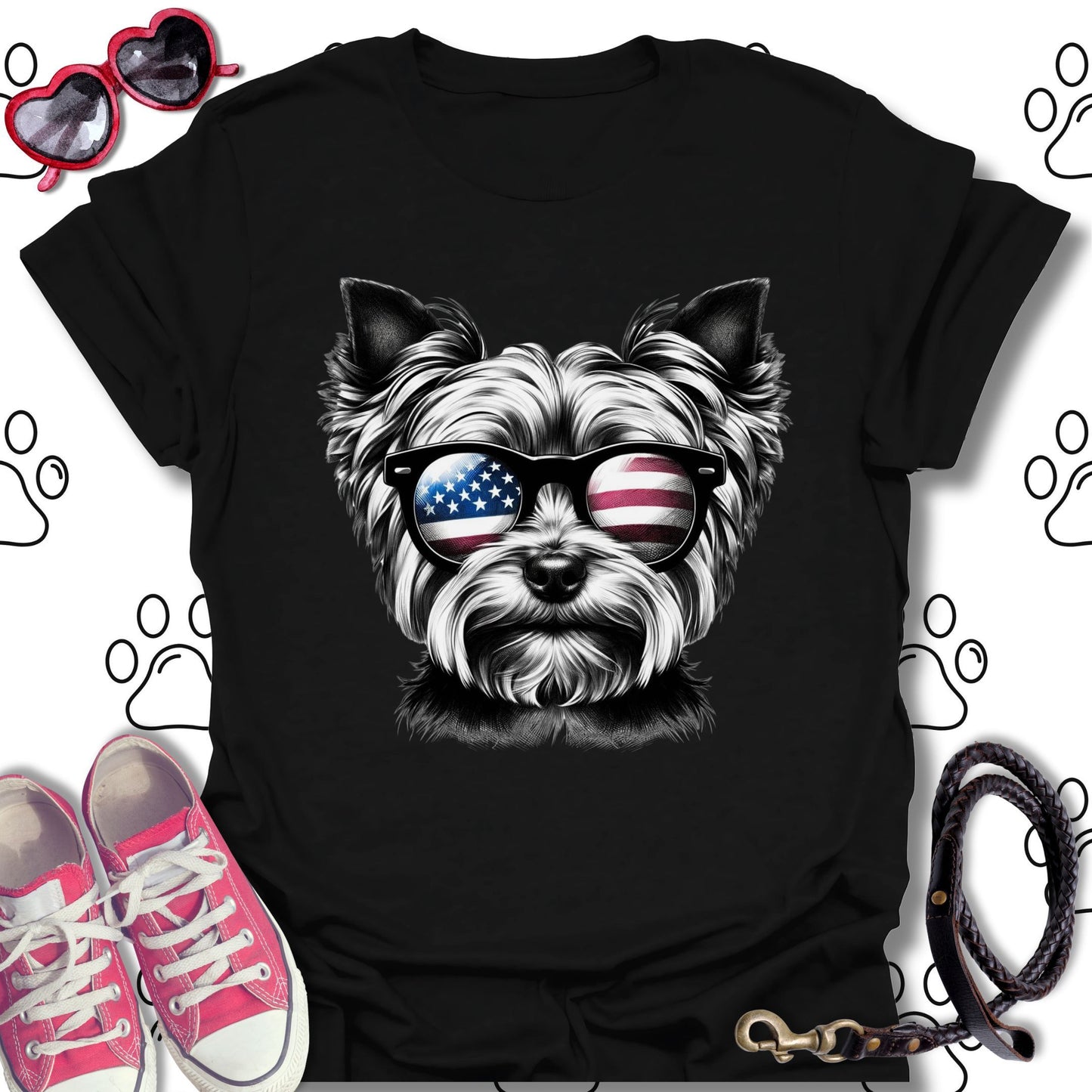 Yorkshire Terrier American Flag Sunglasses T-Shirt