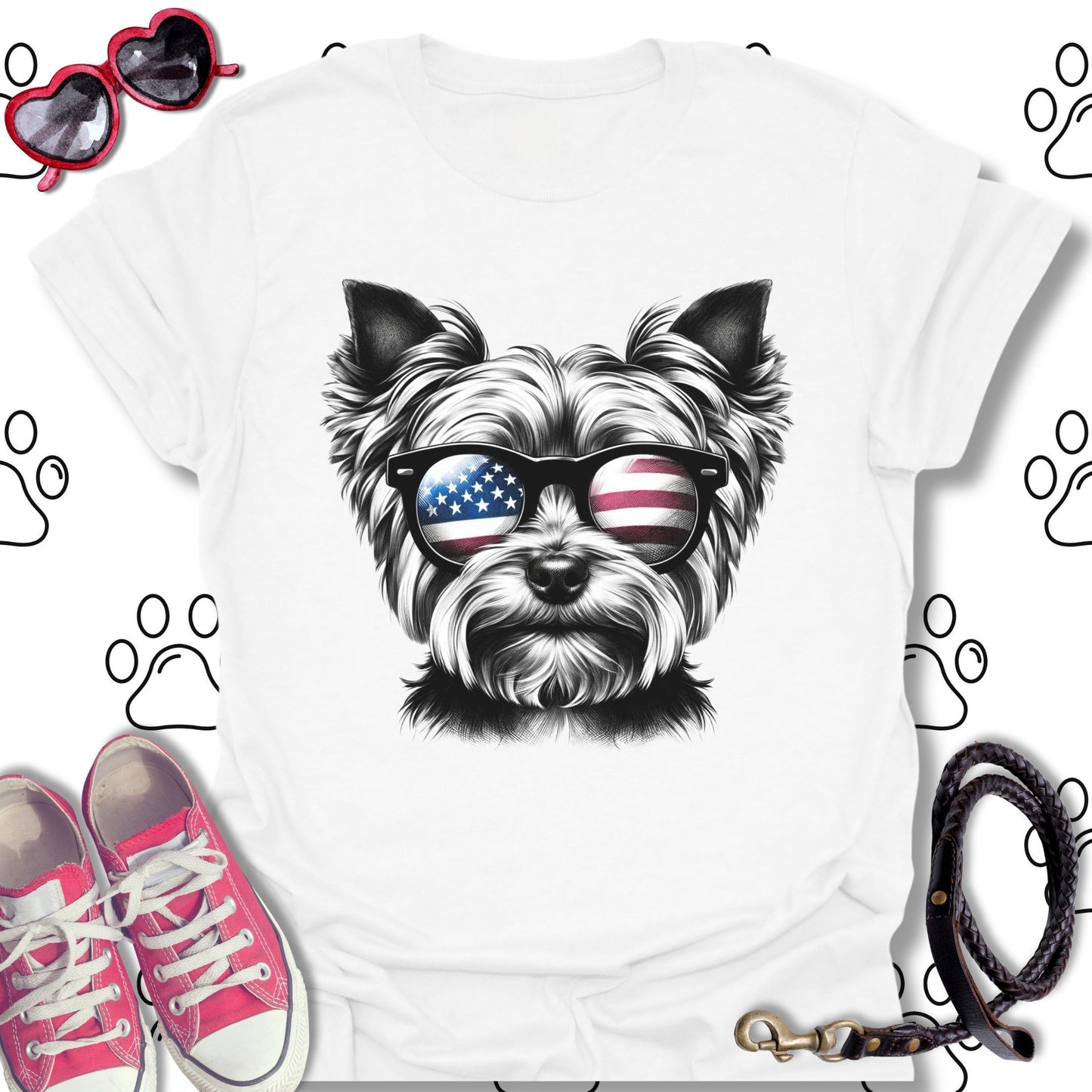 Yorkshire Terrier American Flag Sunglasses T-Shirt