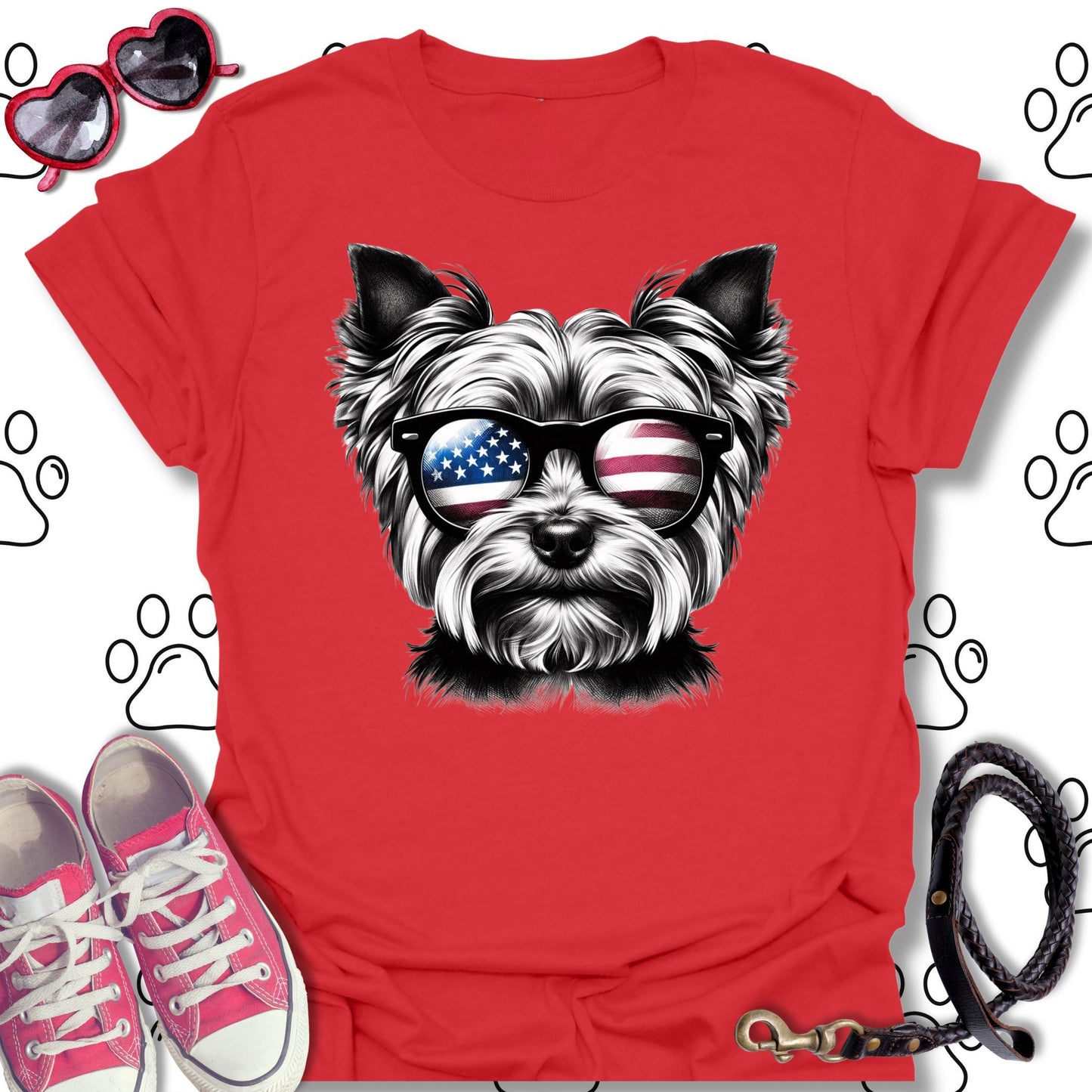 Yorkshire Terrier American Flag Sunglasses T-Shirt