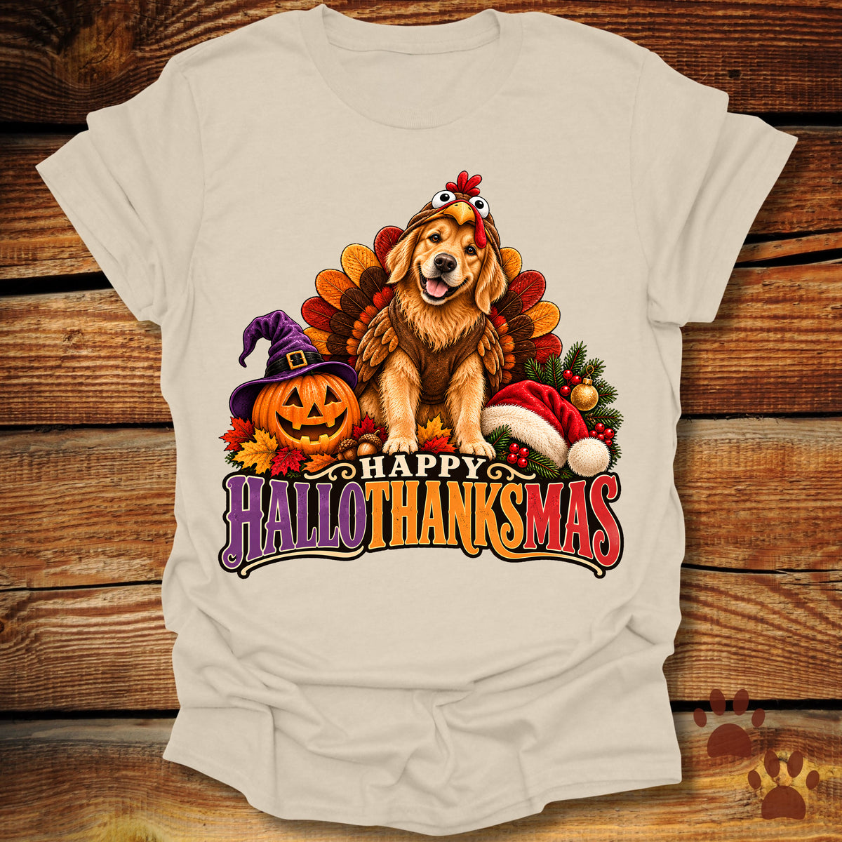 Happy Hallothanksmas Golden Retriever Turkey T-Shirt