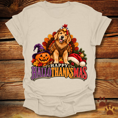 Happy Hallothanksmas Golden Retriever Turkey T-Shirt