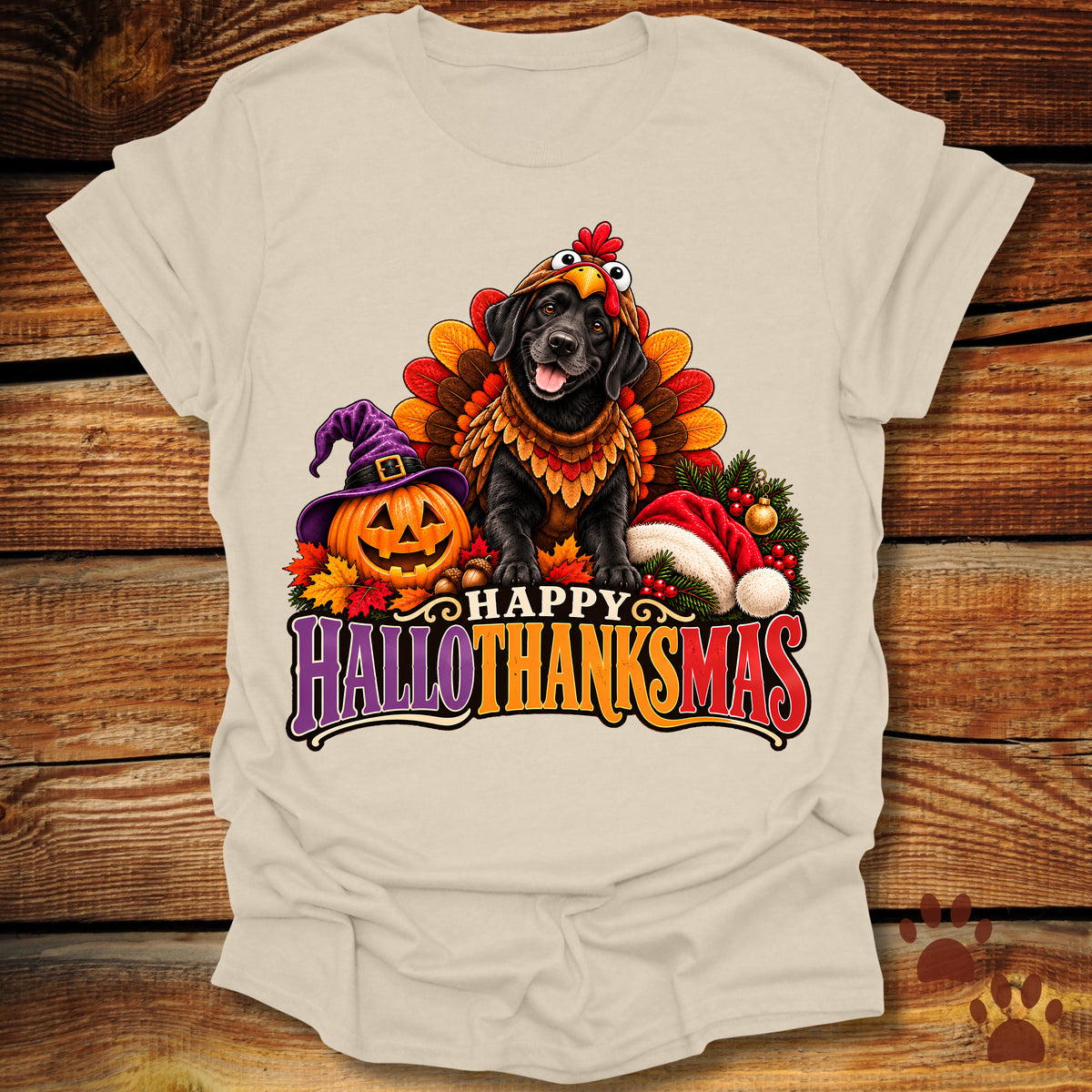 Happy Hallothanksmas Black Labrador Turkey T-Shirt