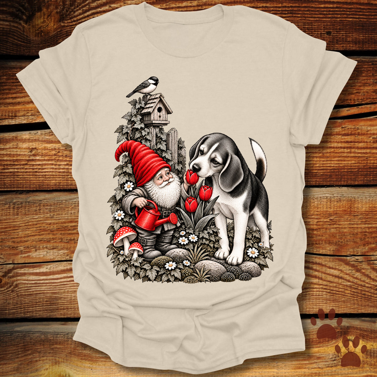 Garden Gnome Beagle Smelling Flowers T-Shirt