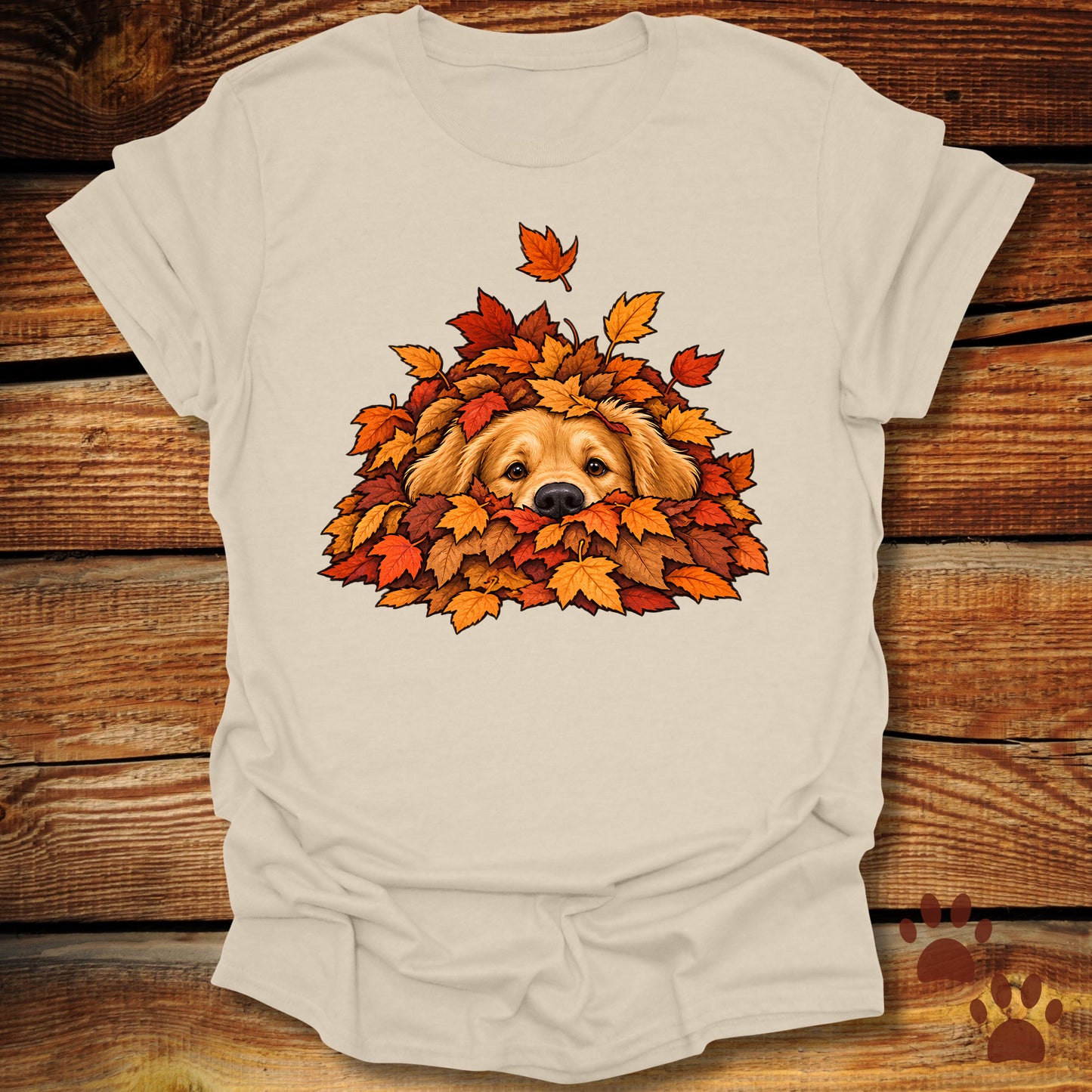 Golden Retriever Leaf Pile T-Shirt - Front & Back Print