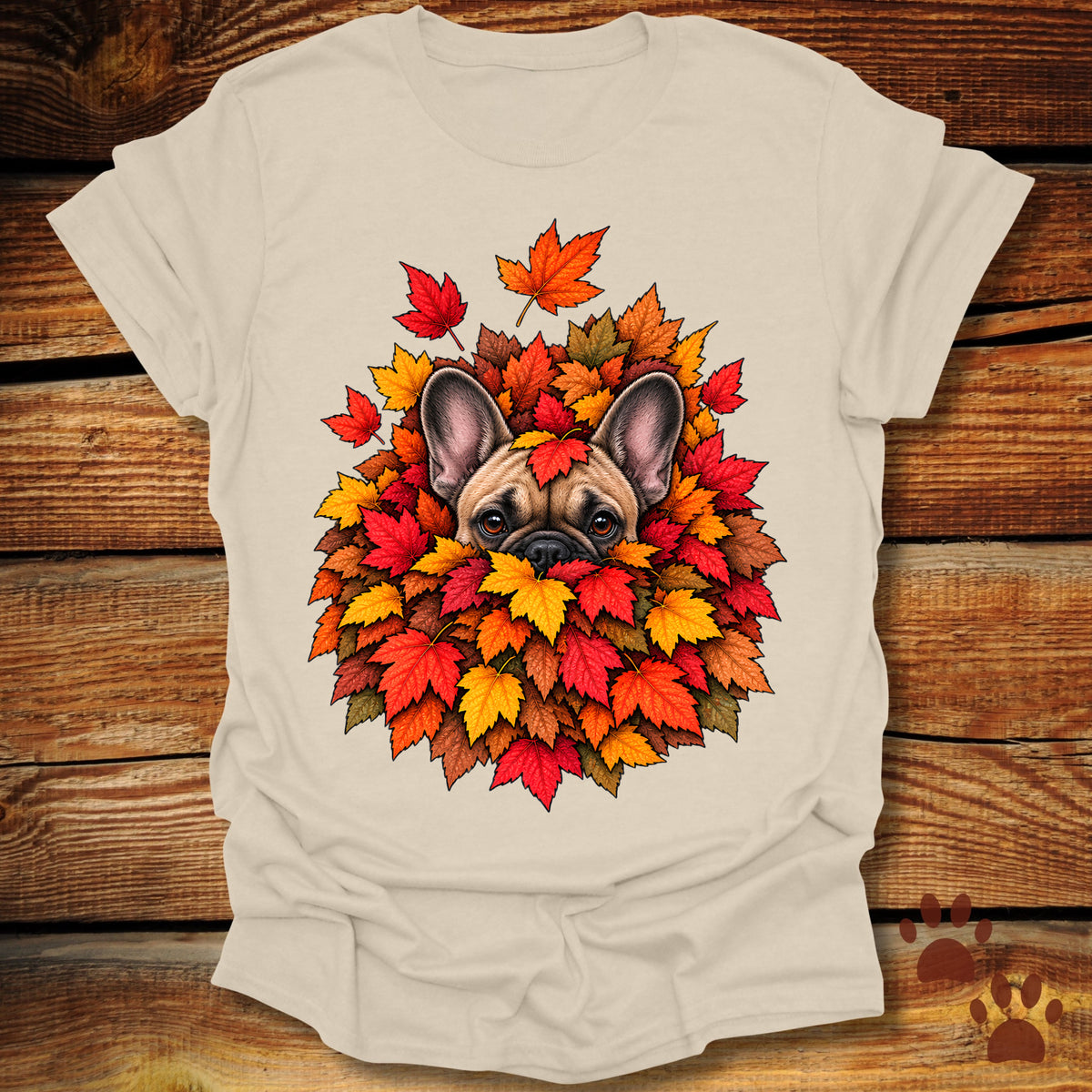 French (Frenchie) Bulldog Leaf Pile T-Shirt - Front and Back Print