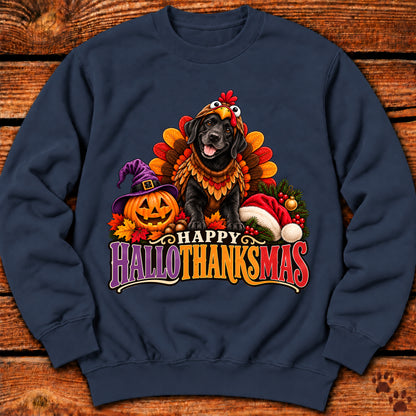 Happy Hallothanksmas Black Labrador Turkey Sweatshirt