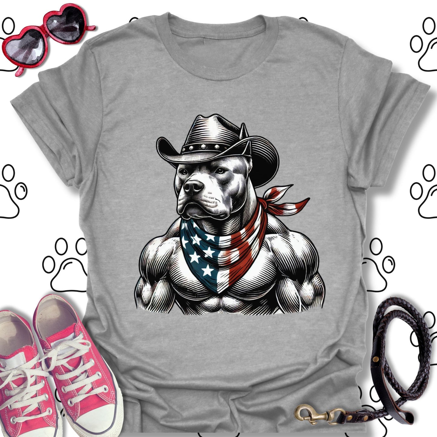 Pitbull Cowboy American Flag T-Shirt