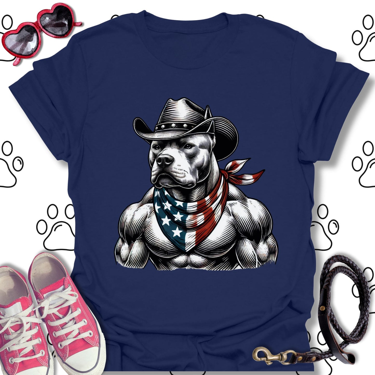 Pitbull Cowboy American Flag T-Shirt