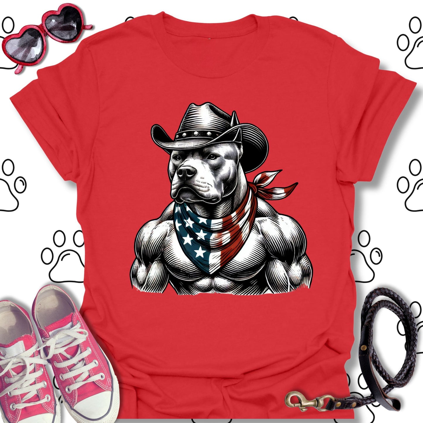 Pitbull Cowboy American Flag T-Shirt