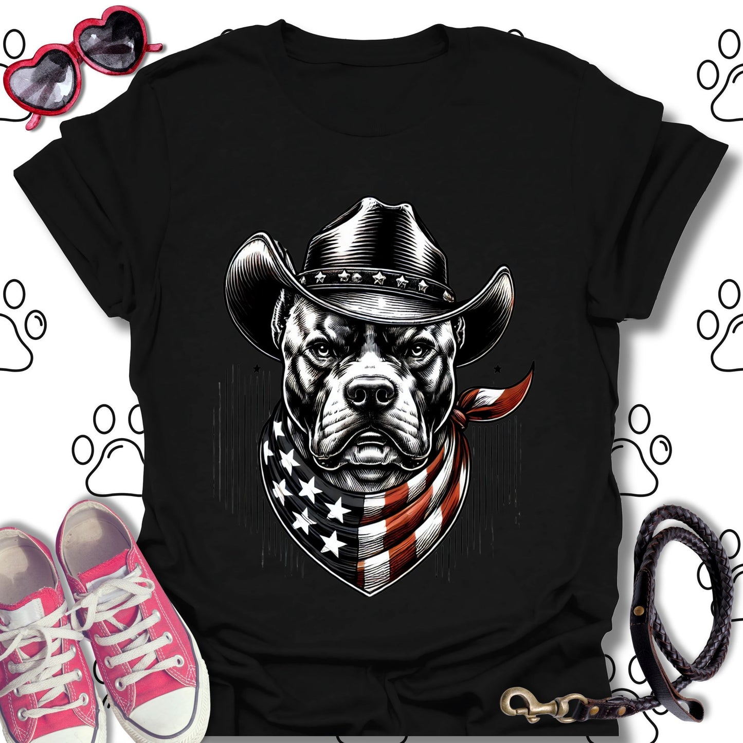 Pitbull Cowboy American Flag T-Shirt