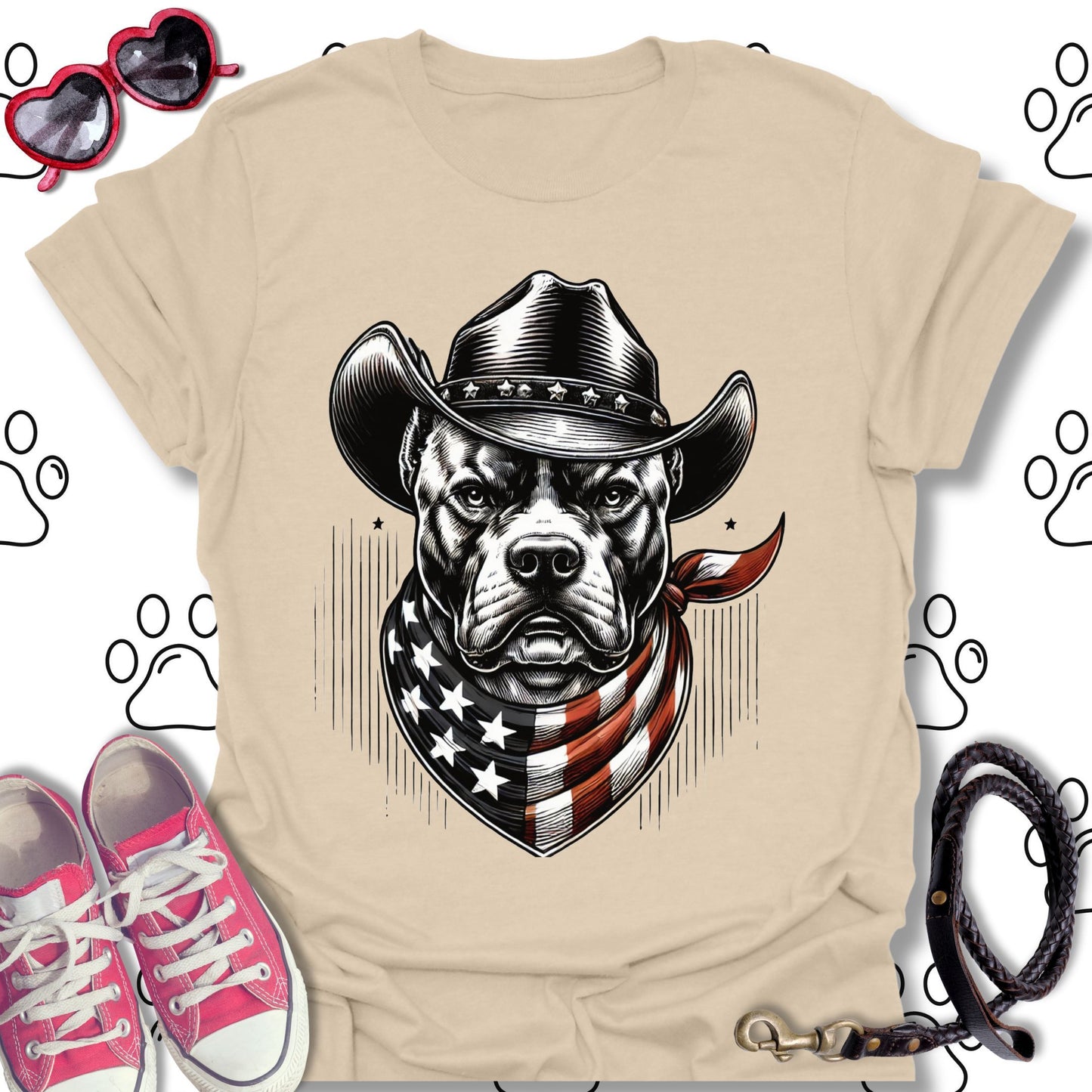 Pitbull Cowboy American Flag T-Shirt