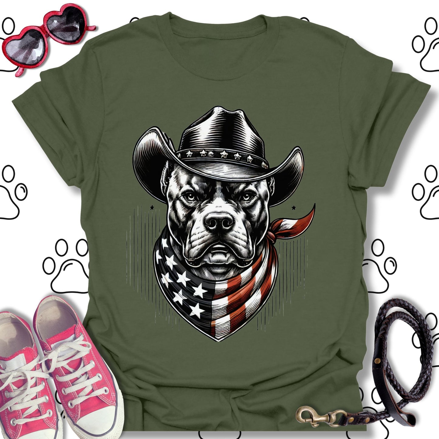 Pitbull Cowboy American Flag T-Shirt