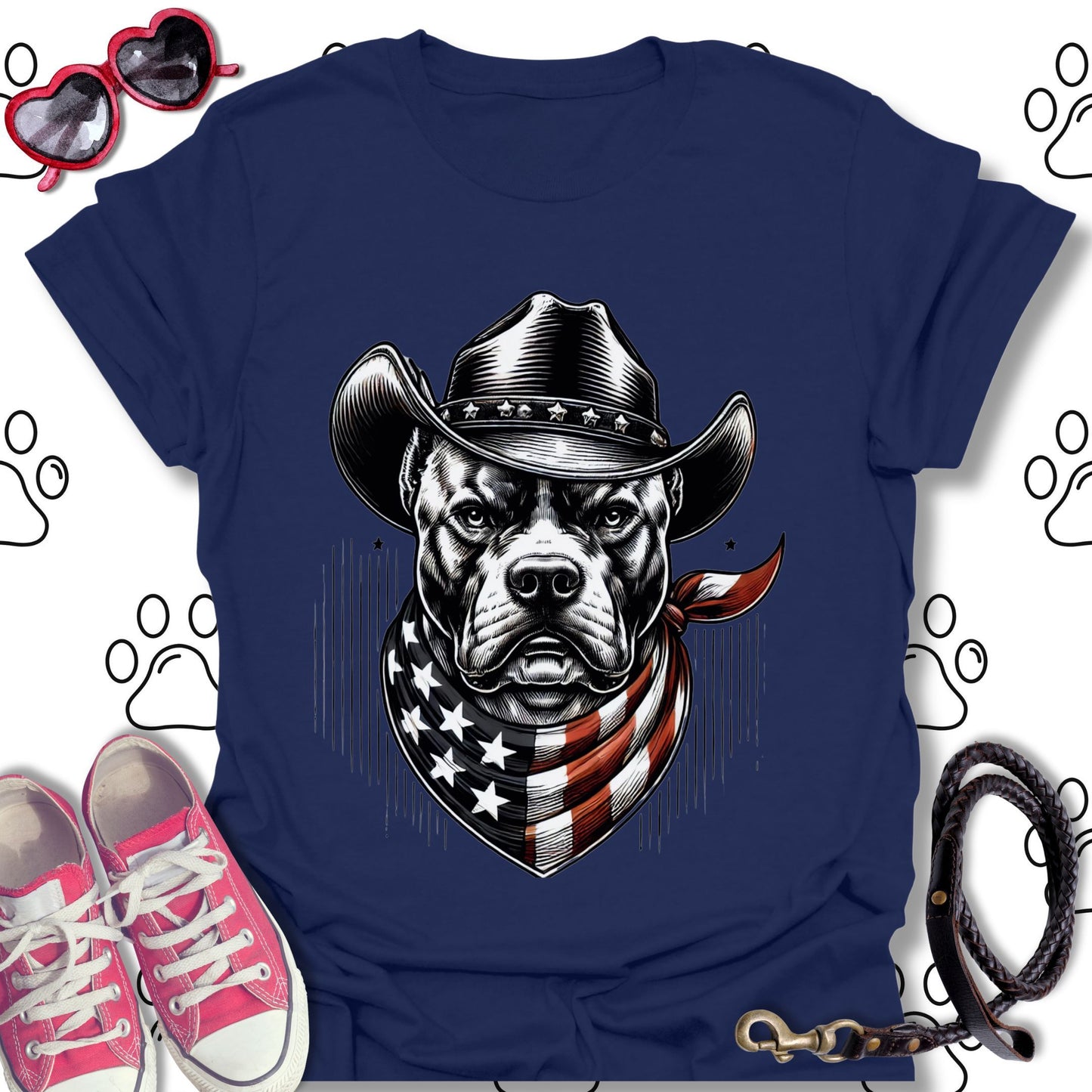 Pitbull Cowboy American Flag T-Shirt