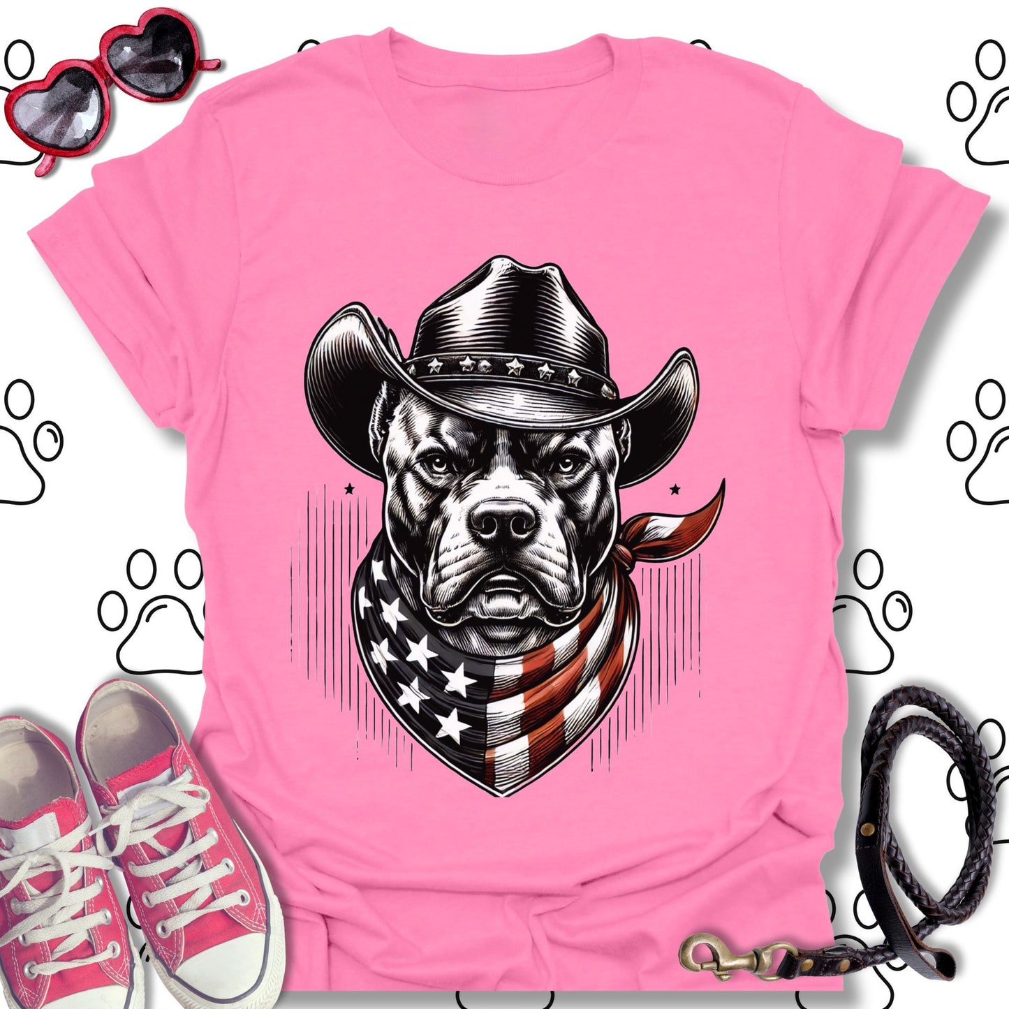 Pitbull Cowboy American Flag T-Shirt
