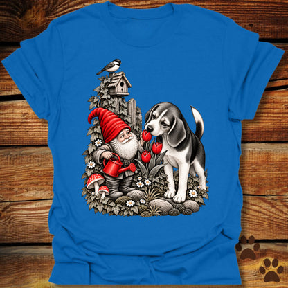 Garden Gnome Beagle Smelling Flowers T-Shirt