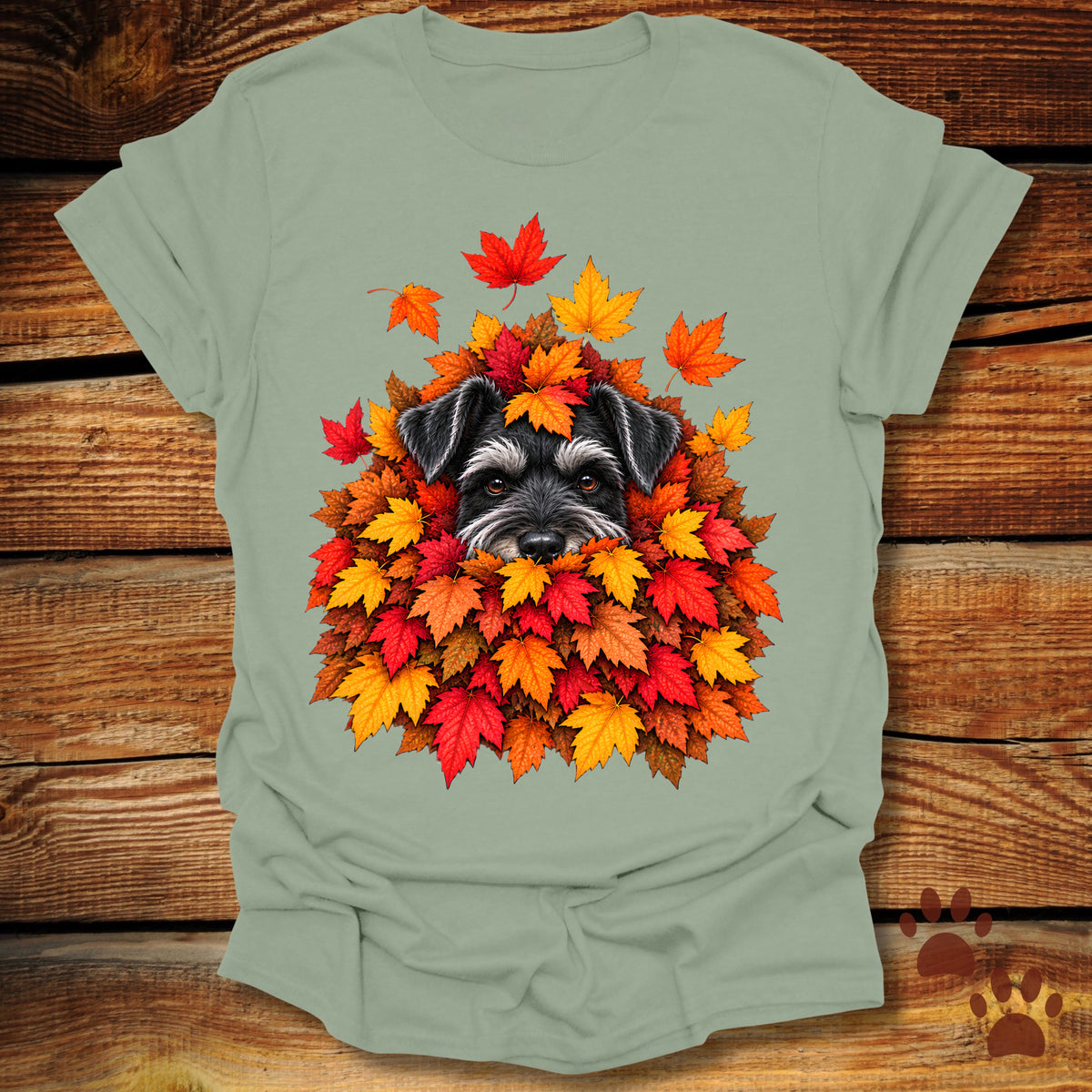 Schnauzer Leaf Pile T-Shirt - Front & Back Print