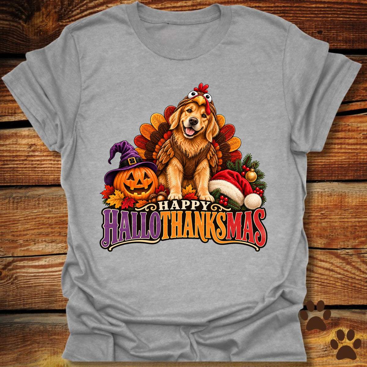 Happy Hallothanksmas Golden Retriever Turkey T-Shirt