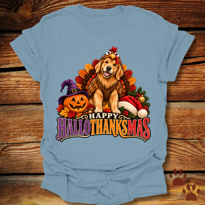 Happy Hallothanksmas Golden Retriever Turkey T-Shirt