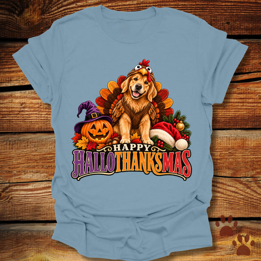 Happy Hallothanksmas Golden Retriever Turkey T-Shirt
