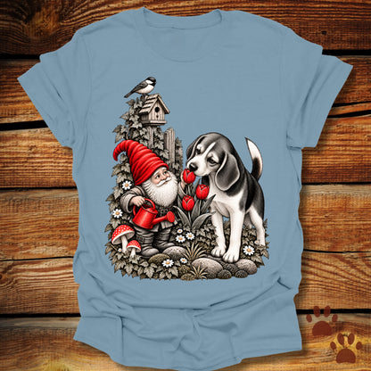 Garden Gnome Beagle Smelling Flowers T-Shirt