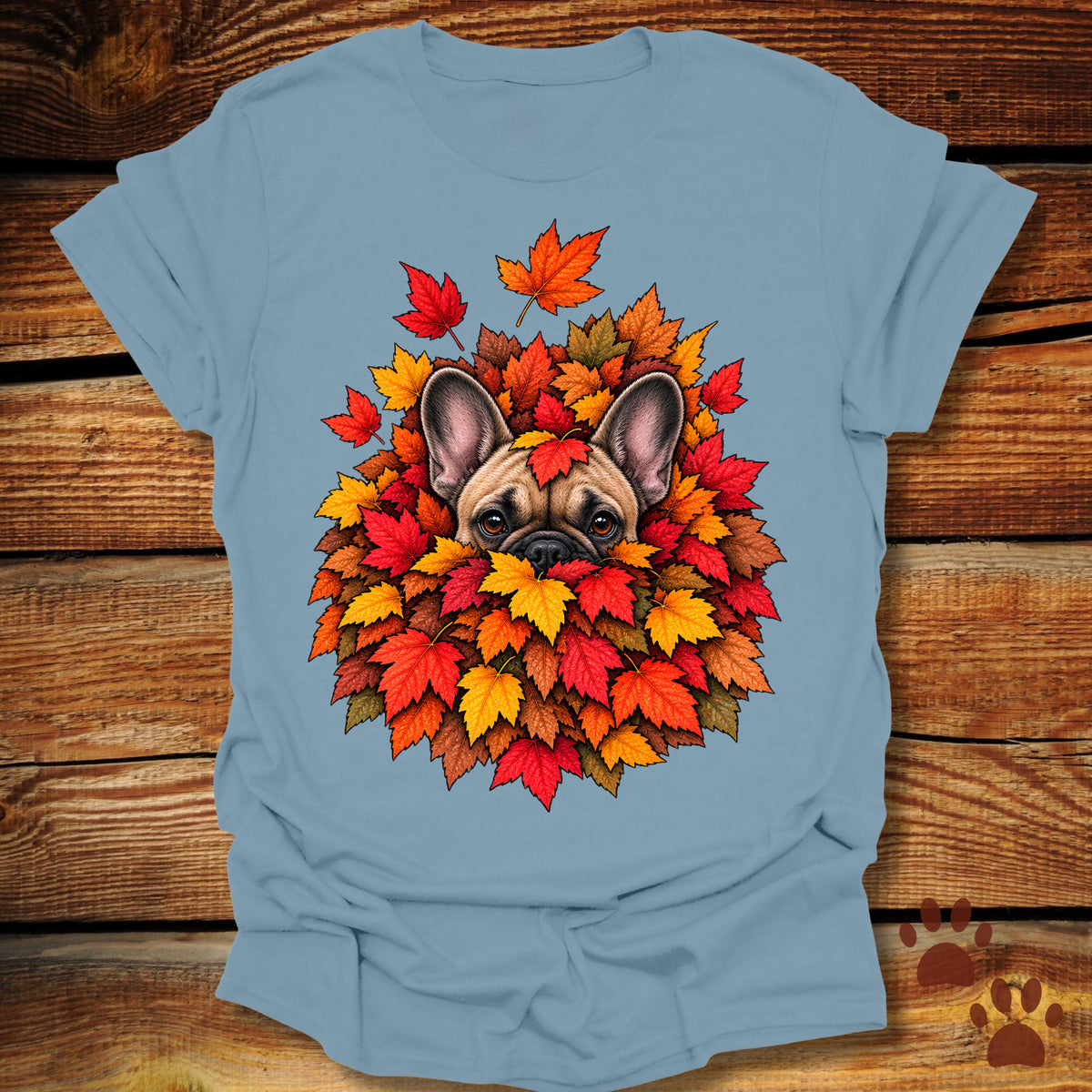 French (Frenchie) Bulldog Leaf Pile T-Shirt - Front and Back Print